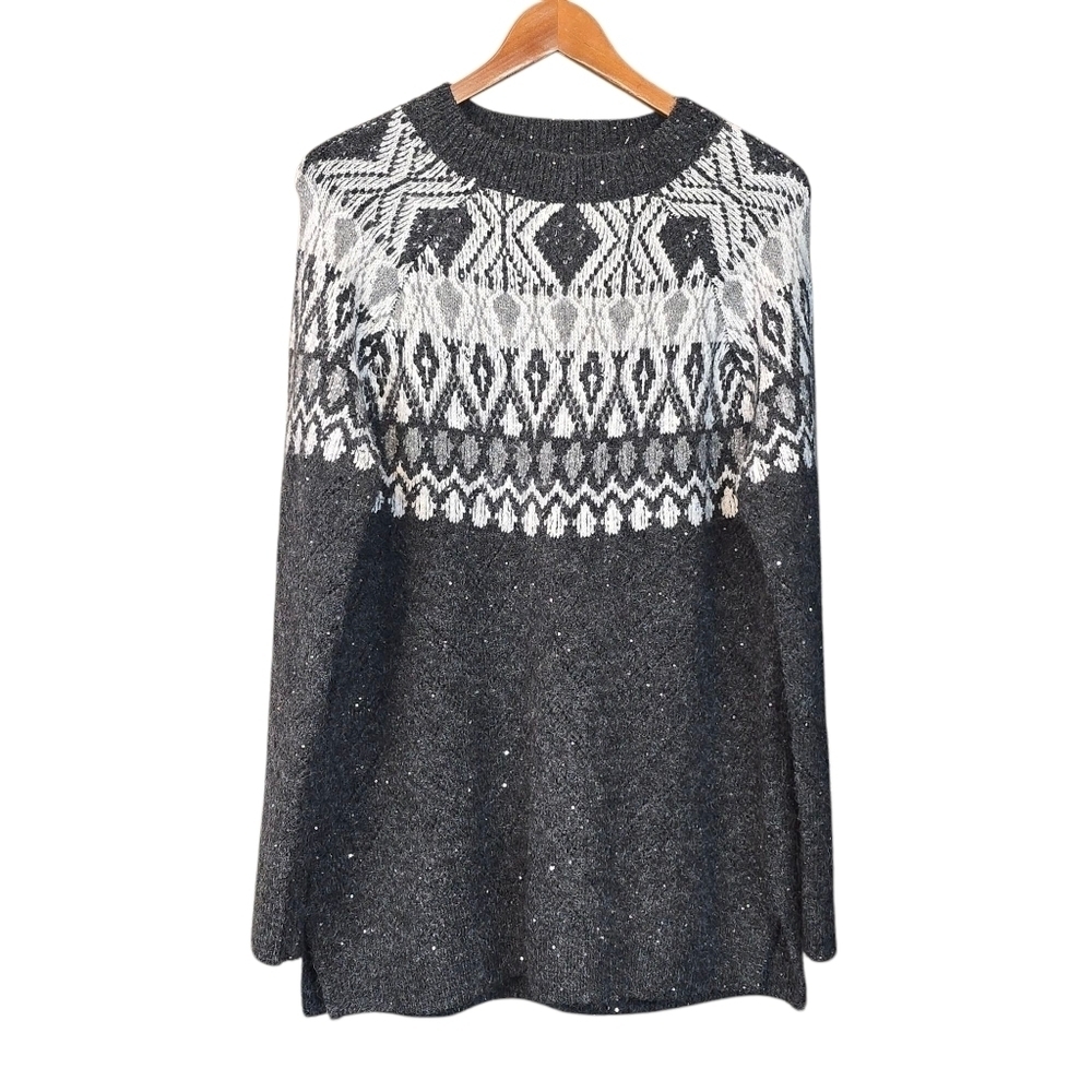 Soft Surrounding Oversized Fair Isle Sequin Sweater Grey Size Large